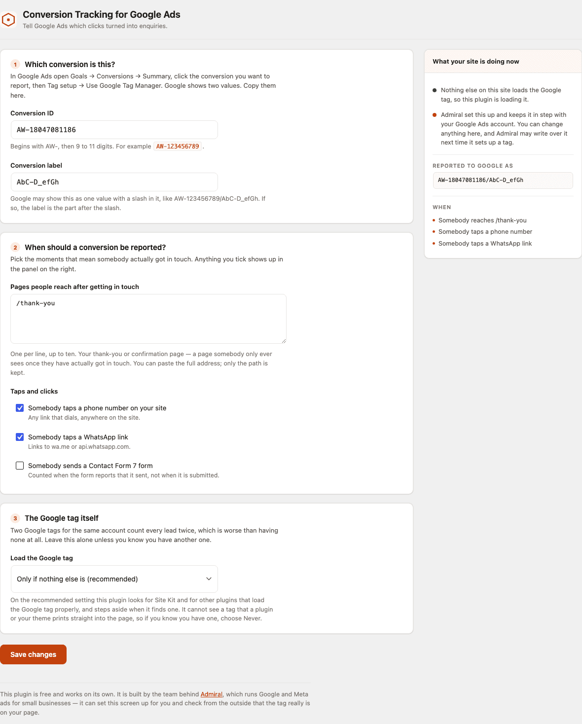 The plugin's settings screen in WordPress: Conversion ID and label, the pages and taps that count as an enquiry, how the Google tag is loaded, and a panel showing what the site is doing now.